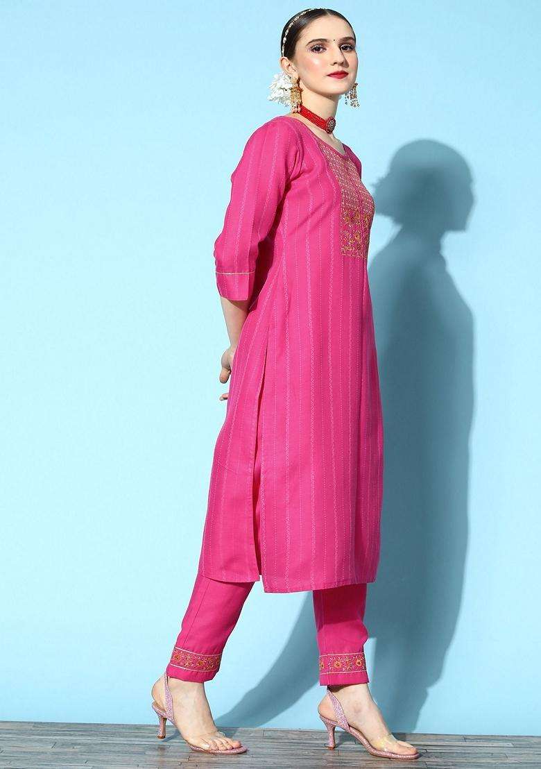 Pink Embroidery Cotton Kurta Set - Indya