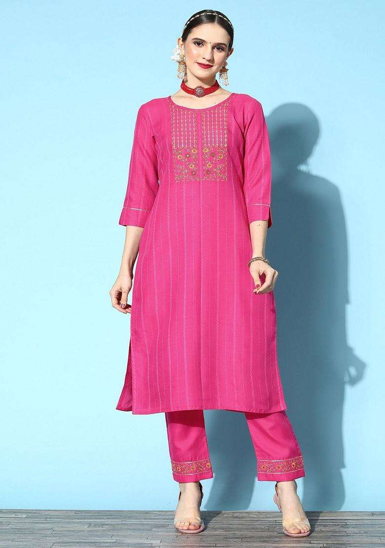 Pink Embroidery Cotton Kurta Set - Indya