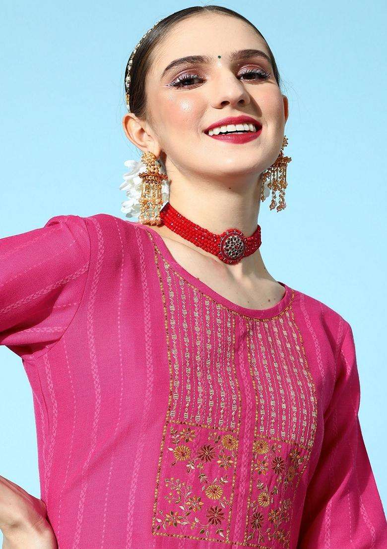 Pink Embroidery Cotton Kurta Set - Indya