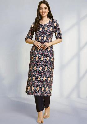 Blue Printed Crepe Kurta Set