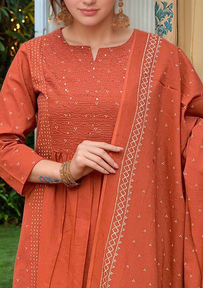 Orange Printed Rayon Anarkali Set - Indya