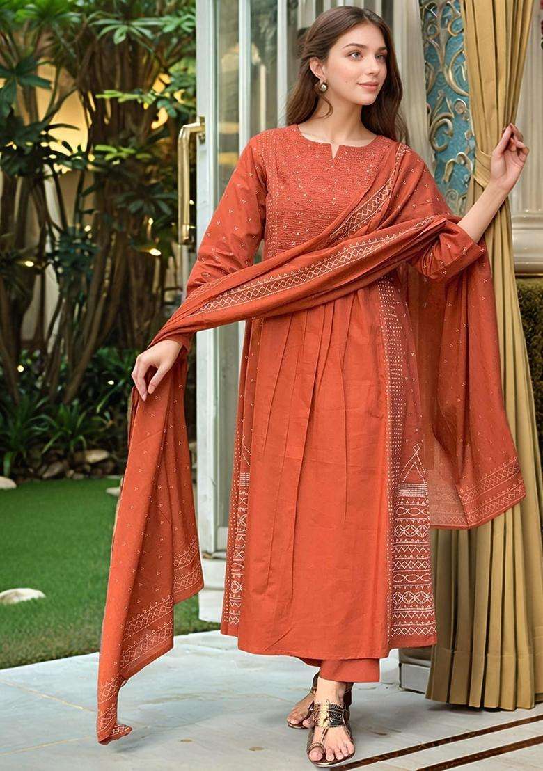 Orange Printed Rayon Anarkali Set - Indya