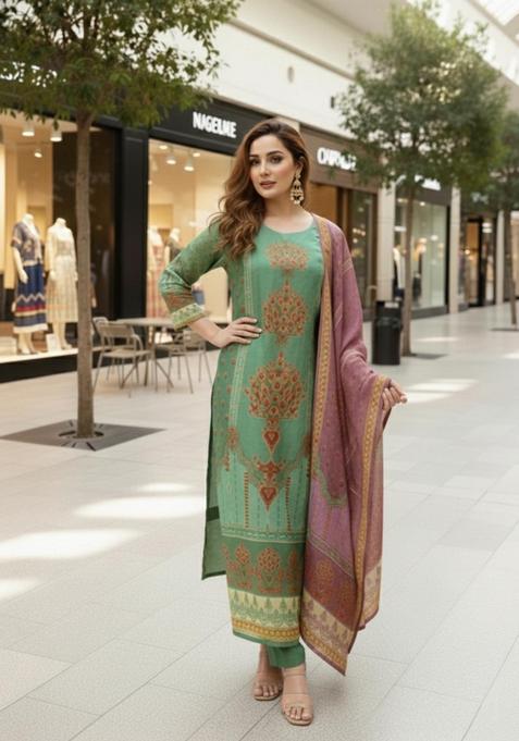 Mint Green Floral Rayon Kurta Set — view on Indya