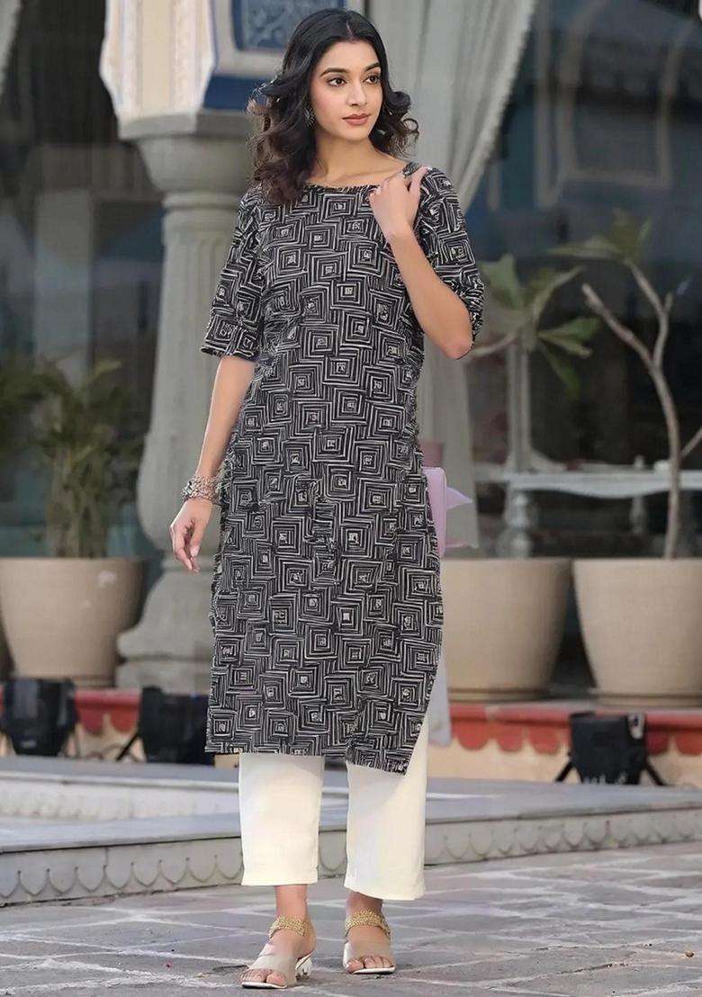 Black Printed Crepe Kurta Set - Indya