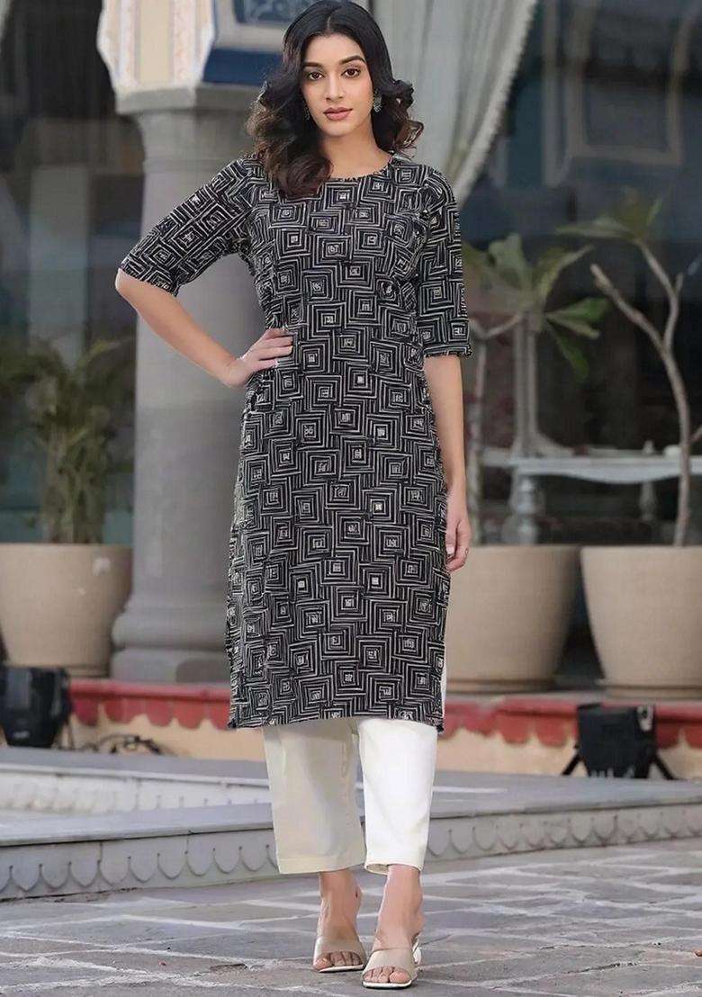 Black Printed Crepe Kurta Set - Indya
