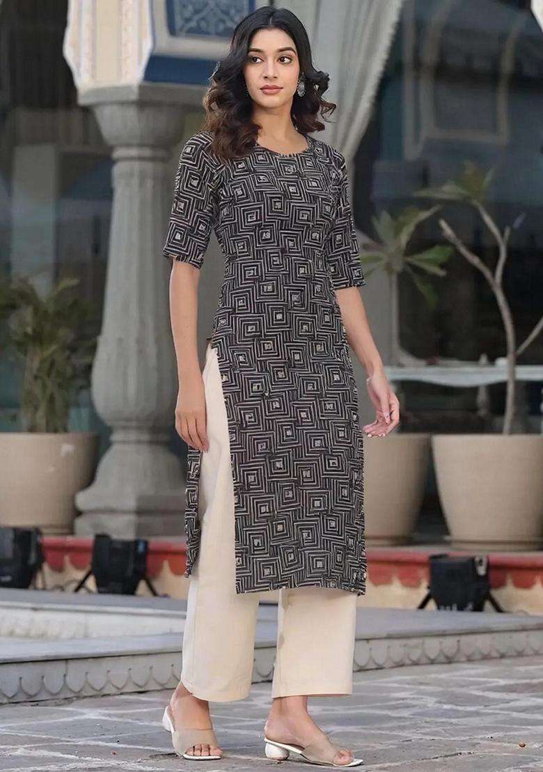 Black Printed Crepe Kurta Set - Indya