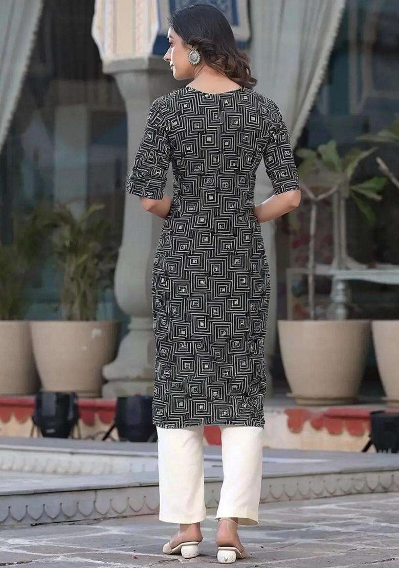 Black Printed Crepe Kurta Set - Indya