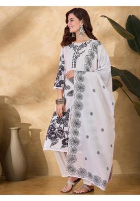 Off White Printed Silk Kurta Set