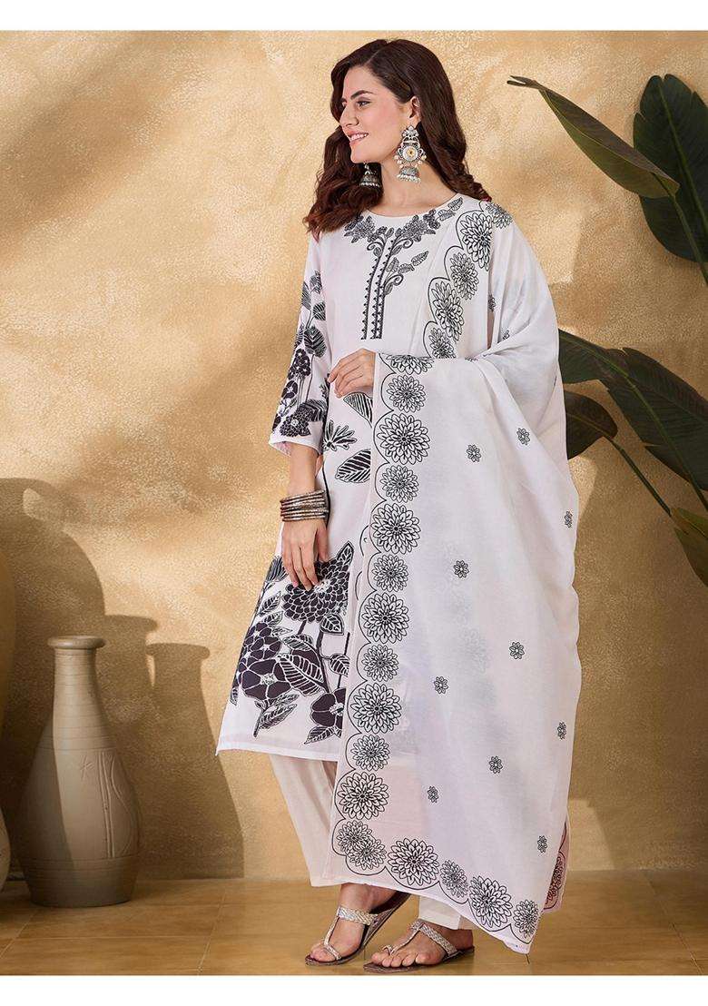 Off White Printed Silk Blend Kurta Set - Indya