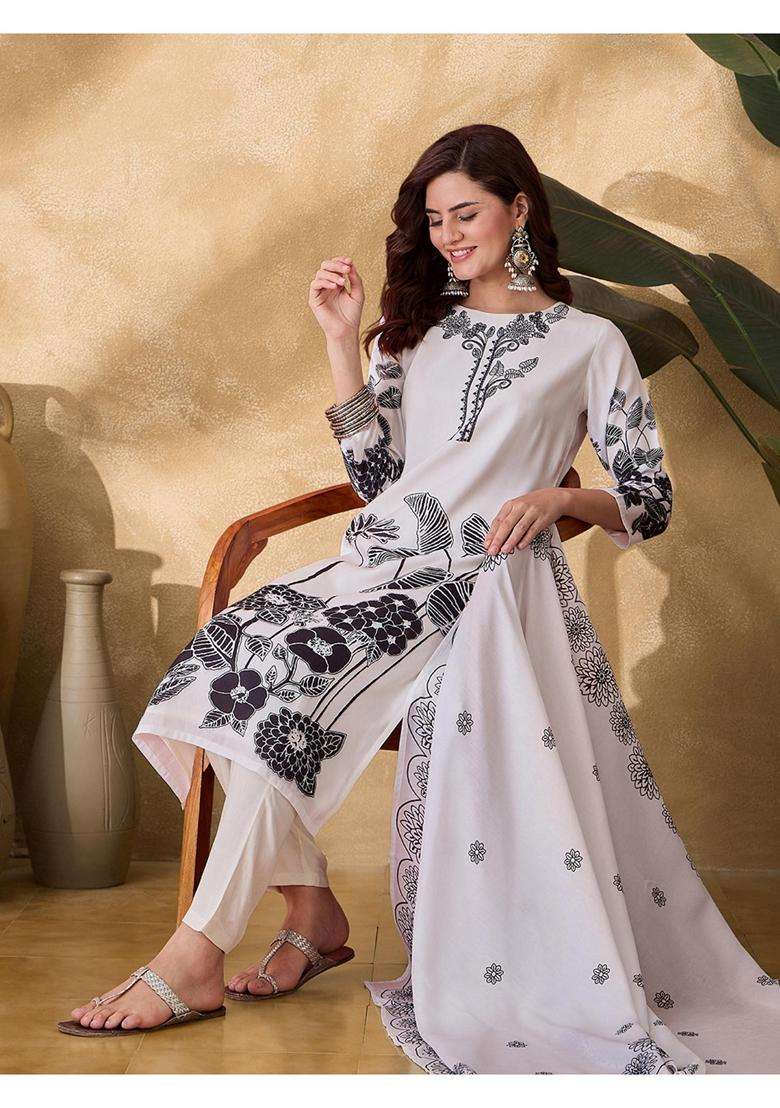Off White Printed Silk Blend Kurta Set - Indya