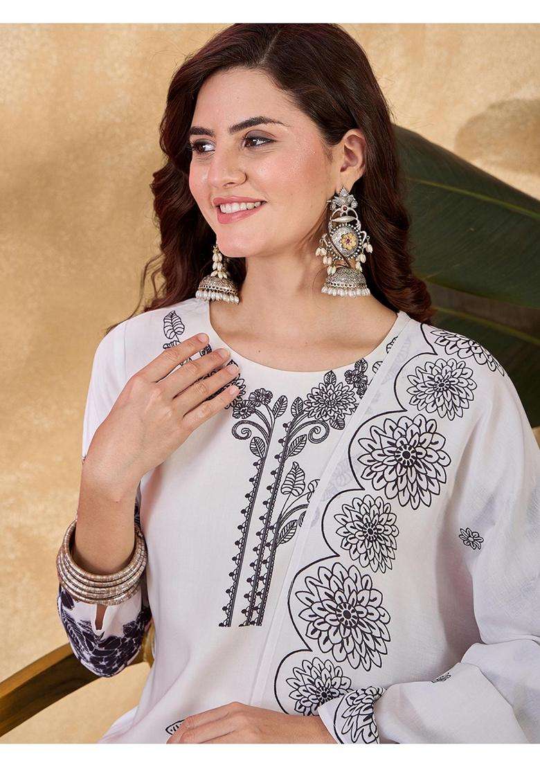 Off White Printed Silk Blend Kurta Set - Indya