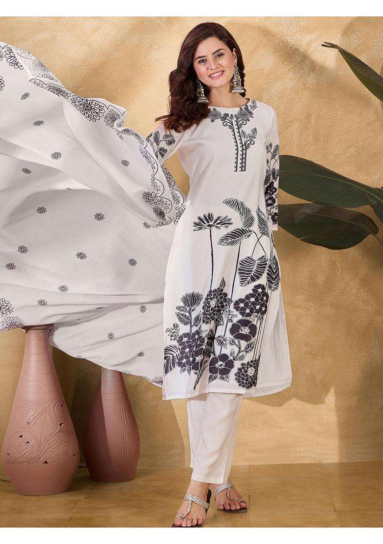 Off White Printed Silk Blend Kurta Set - Indya