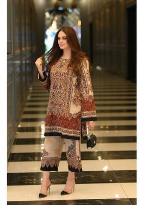 Beige Floral Rayon Kurta Set