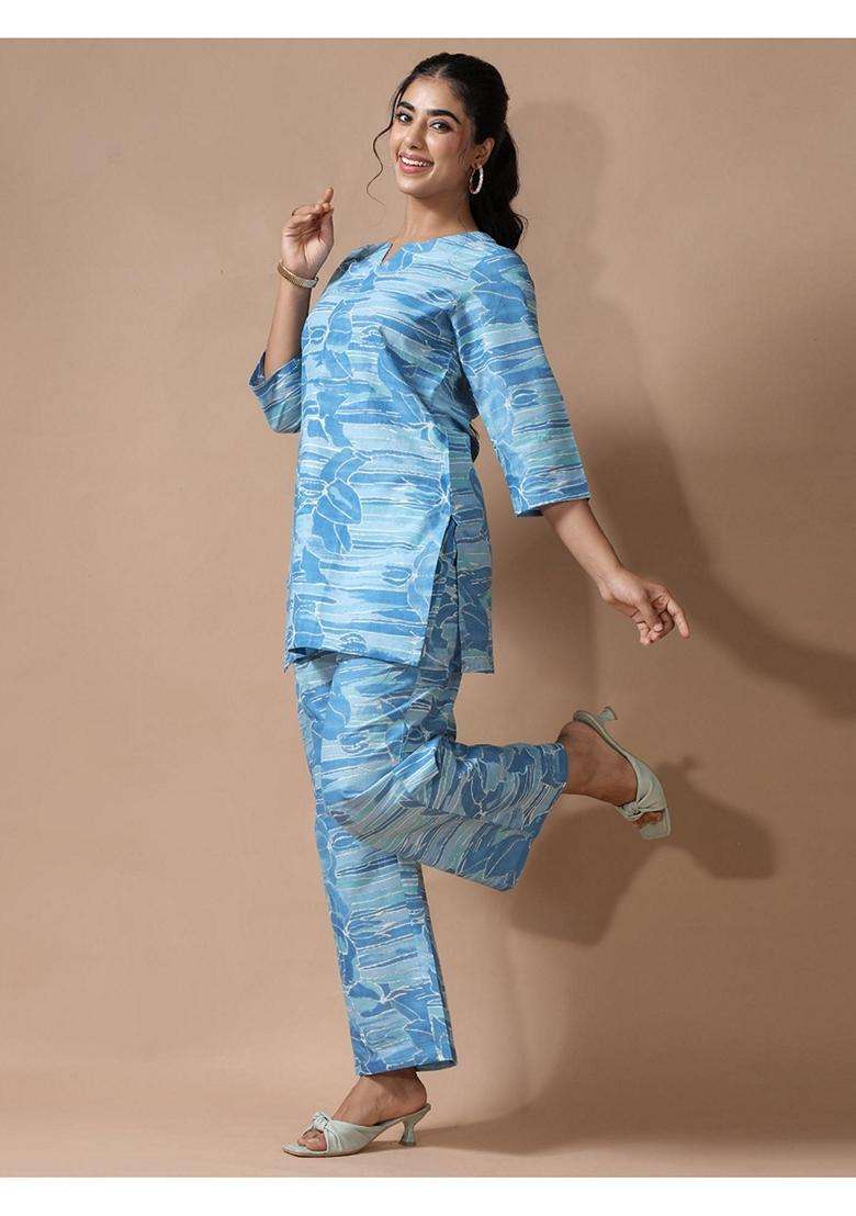 Blue Floral Cotton Co-Ord Set - Indya