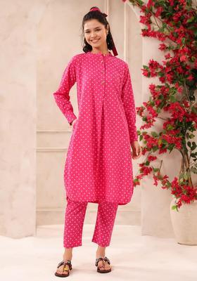 Pink Printed Cotton Kurta Set