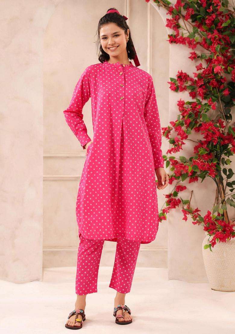 Pink Printed Cotton Kurta Set - Indya