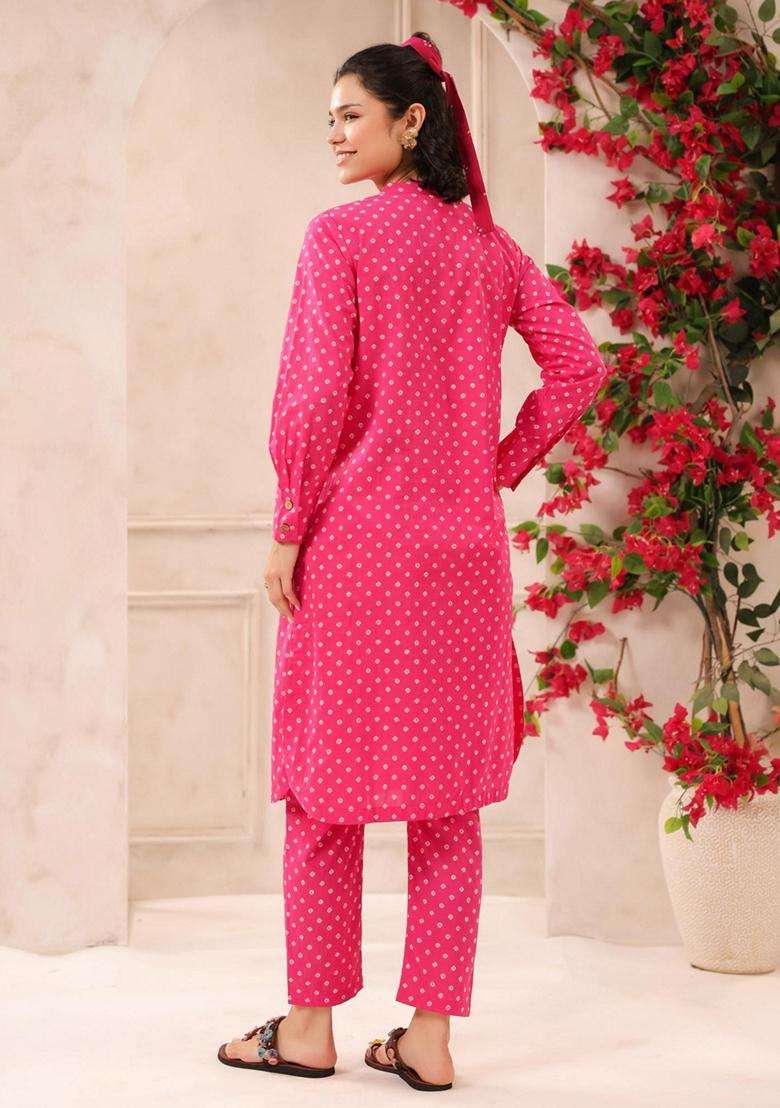 Pink Printed Cotton Kurta Set - Indya