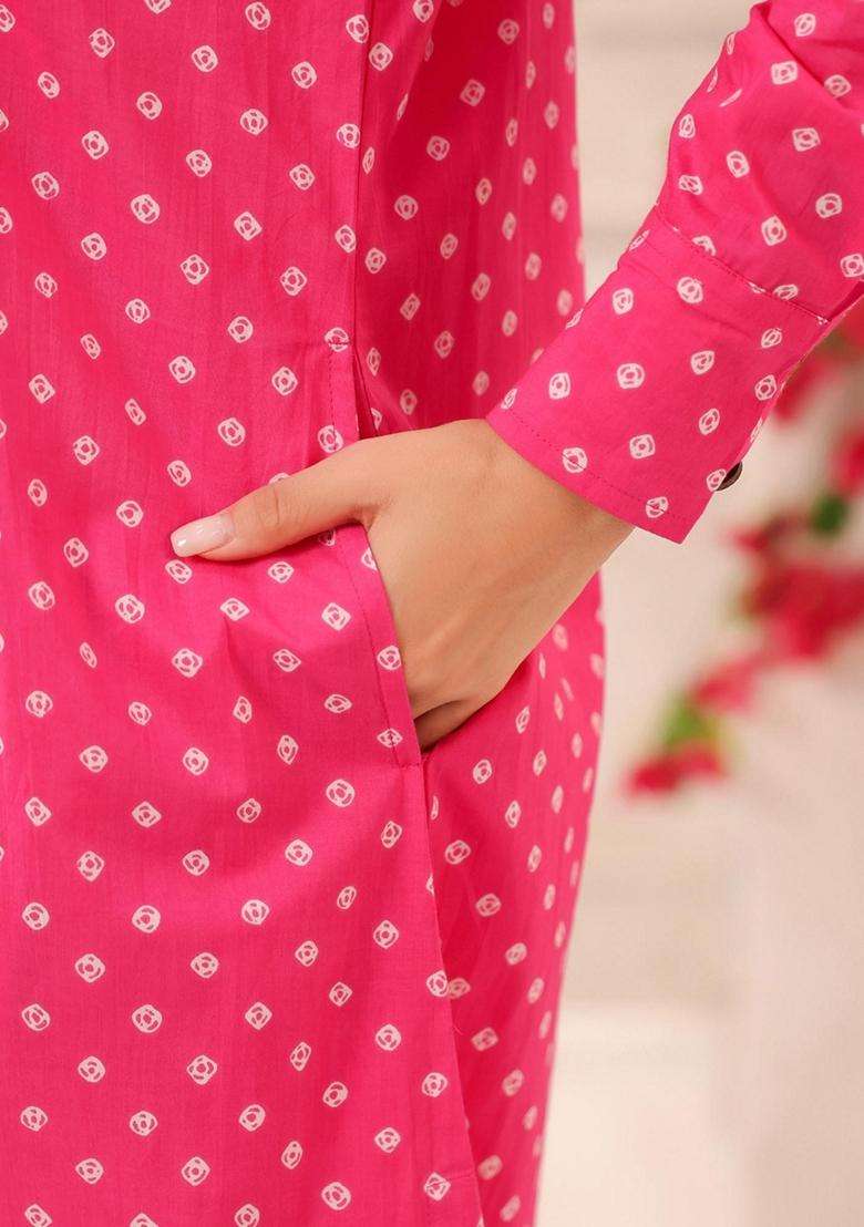 Pink Printed Cotton Kurta Set - Indya