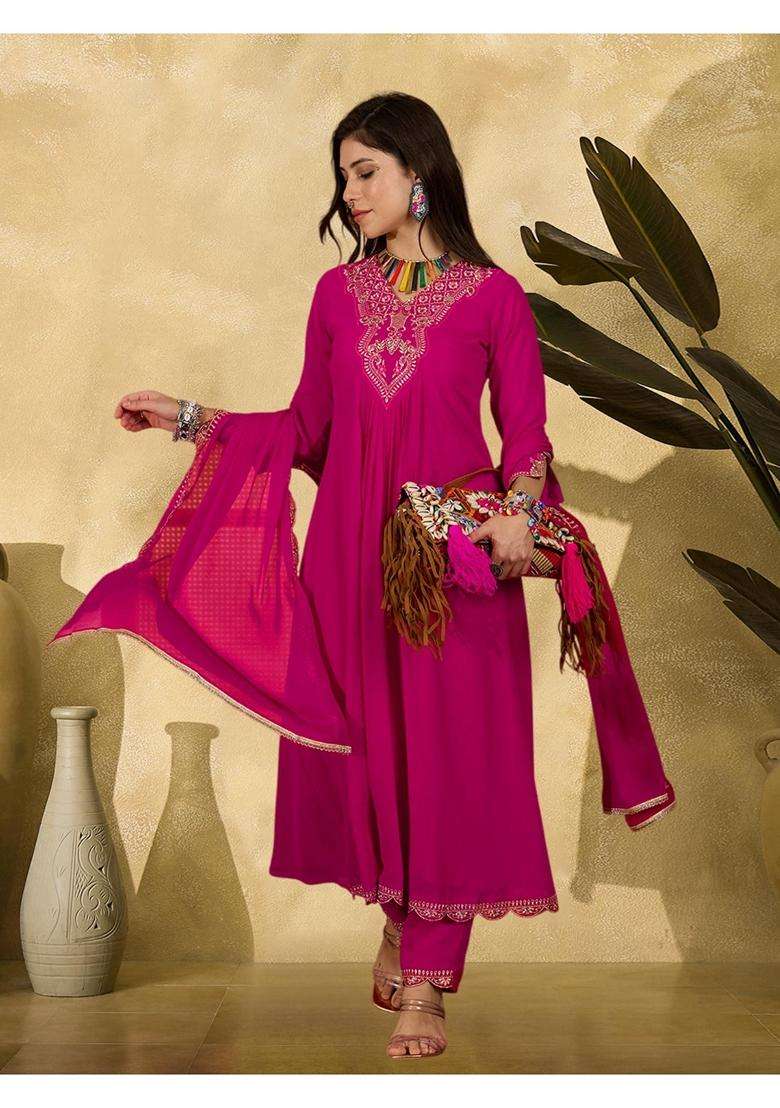 Pink Embroidery Georgette Anarkali Set - Indya
