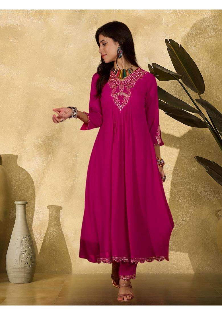 Pink Embroidery Georgette Anarkali Set - Indya