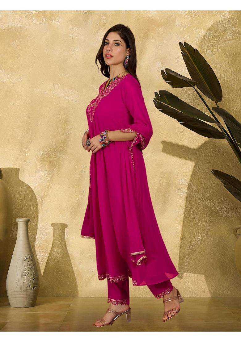 Pink Embroidery Georgette Anarkali Set - Indya