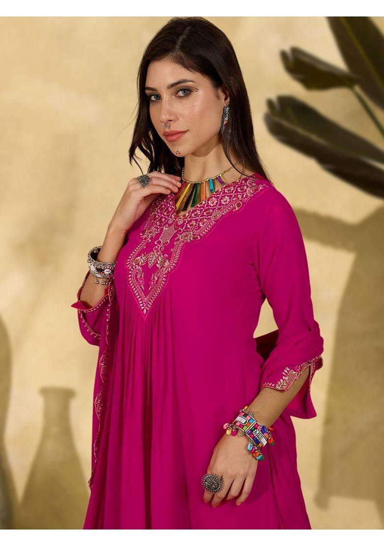 Pink Embroidery Georgette Anarkali Set - Indya