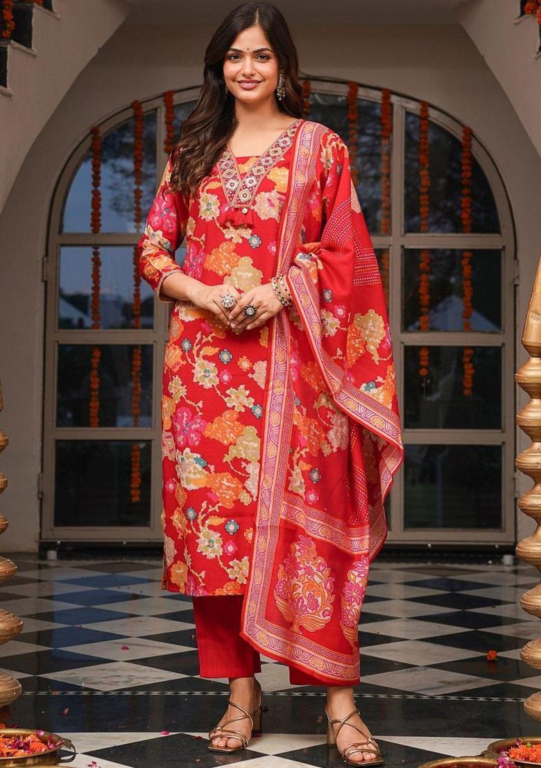Red Floral Print Viscose Kurta Set - Indya
