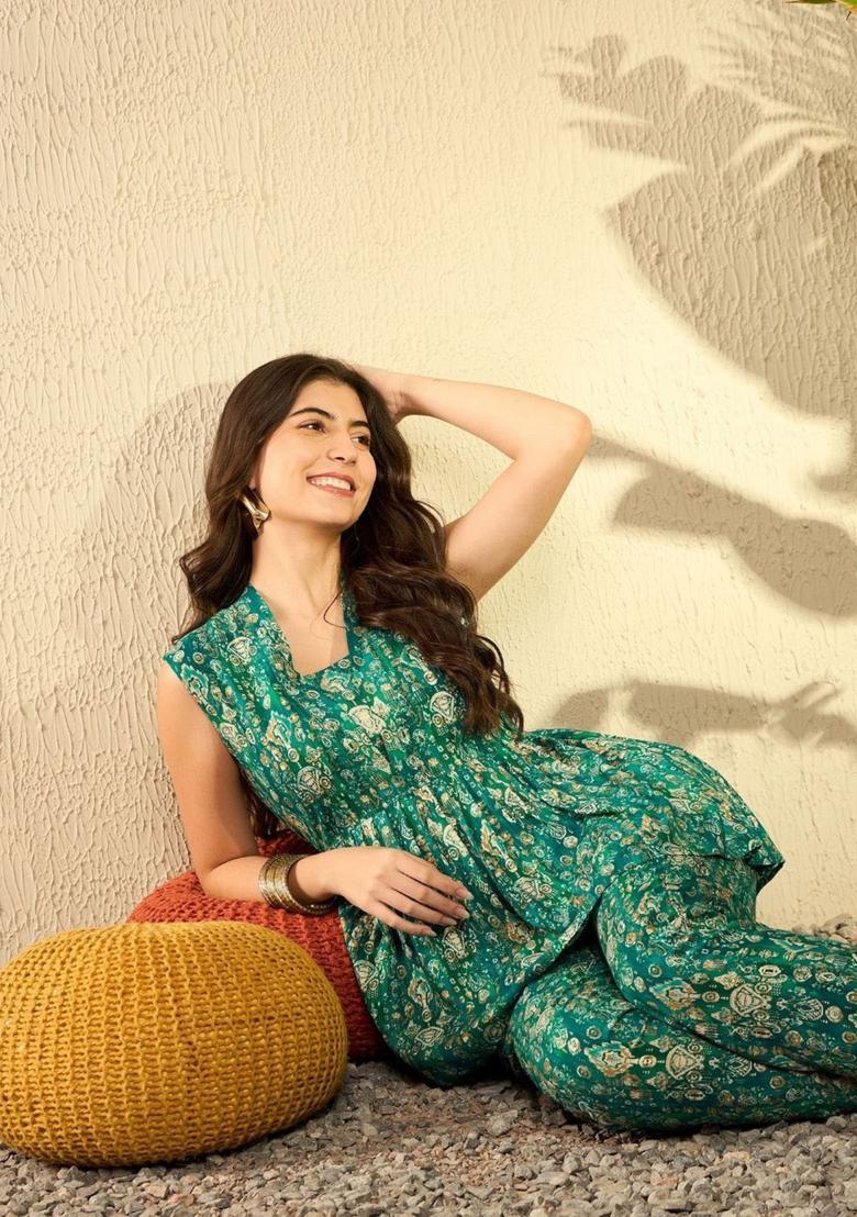 Green Printed Blended Co-Ord Set - Indya