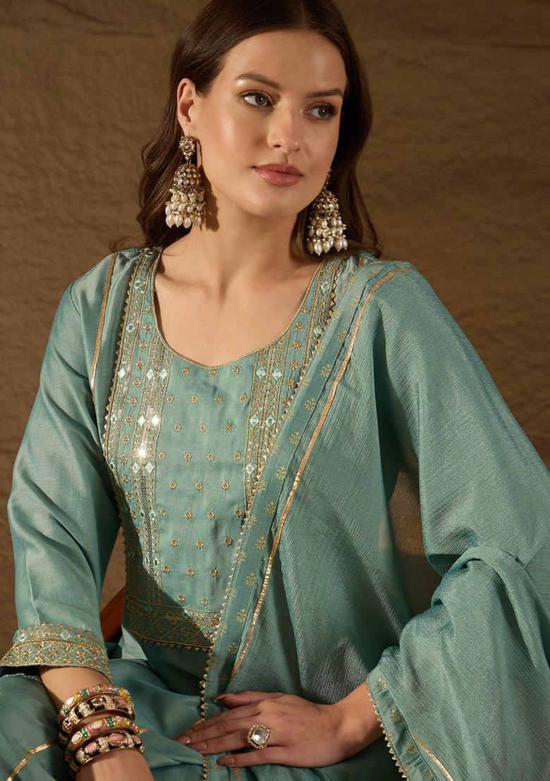 Green Embroidery Blended Palazzo Set - Indya