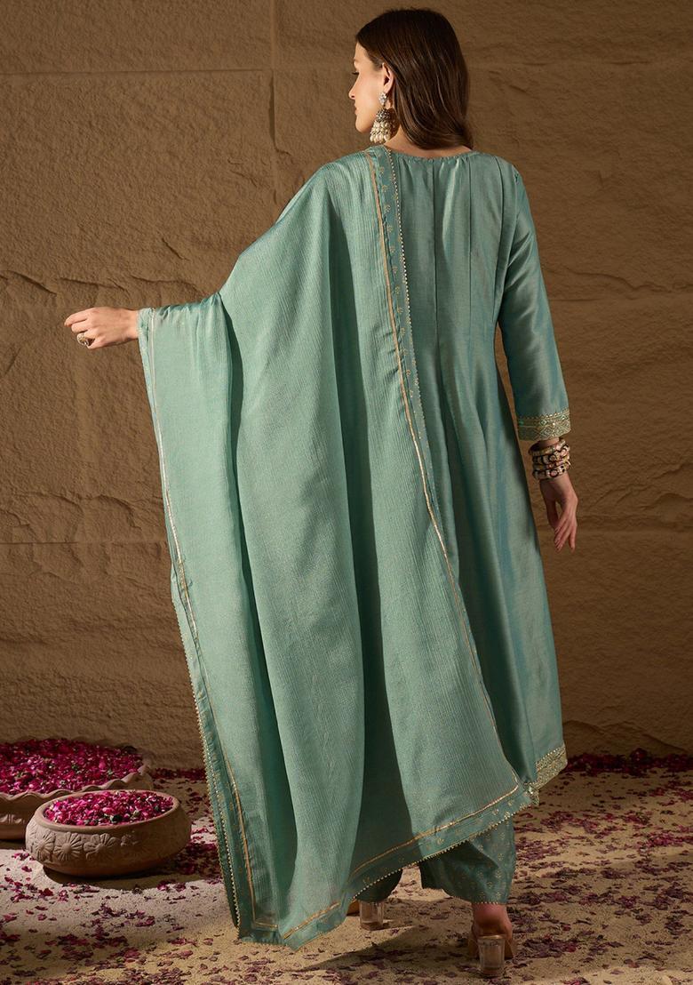 Green Embroidery Blended Palazzo Set - Indya