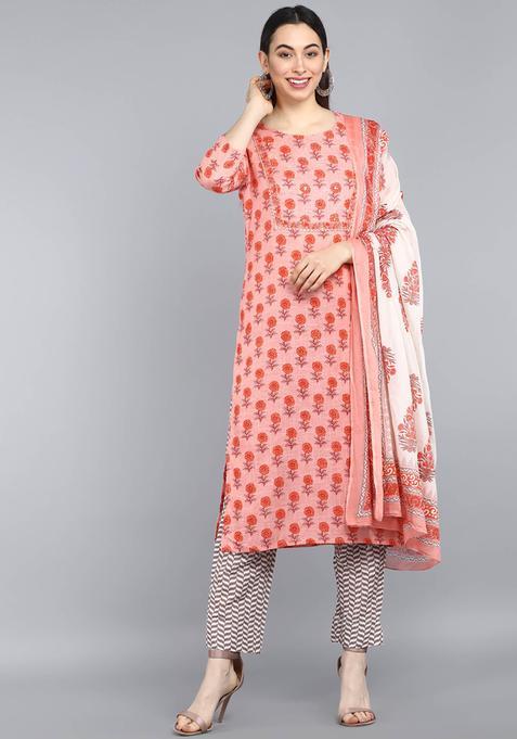 Pink Floral Print Cotton Kurta Set — view on Indya