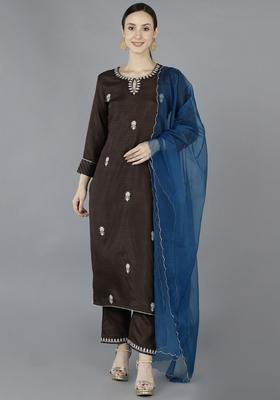 Brown Embroidery Blended Kurta Set