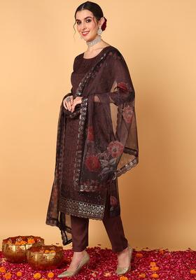 Brown Embroidery Organza Kurta Set