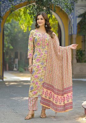 Yellow Floral Print Rayon Kurta Set