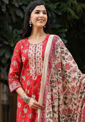 Bright Red Floral Print Rayon Kurta Set