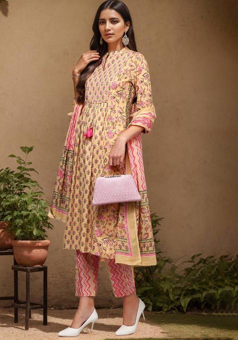 Yellow Floral Print Cotton Anarkali Set — view on Indya
