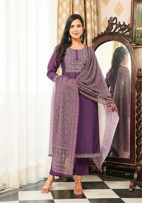 Purple Printed Rayon Kurta Set