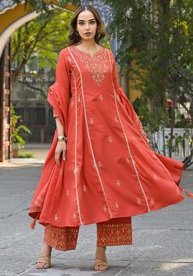 Orange Embroidery Silk Anarkali Set