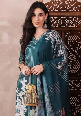 Teal Printed Rayon Kurta Set