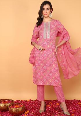 Pink Printed Rayon Kurta Set