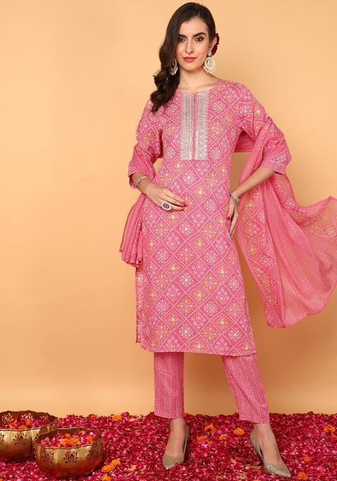 Pink Printed Rayon Kurta Set — view on Indya