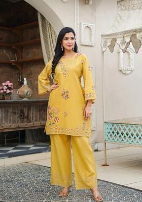 Yellow Floral Print Cotton Kurta Set
