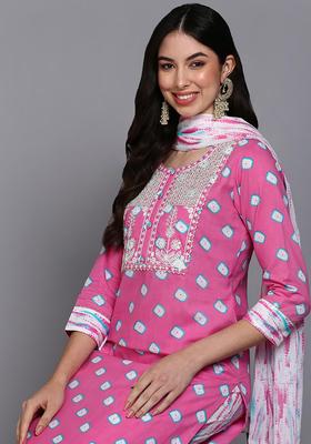 Pink Printed Cotton Kurta Set