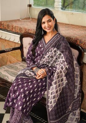 Purple Printed Rayon Kurta Set