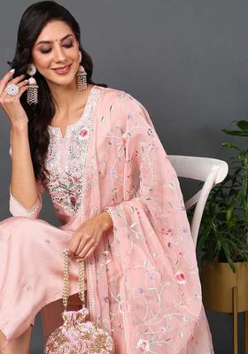 Pink Embroidery Silk Kurta Set