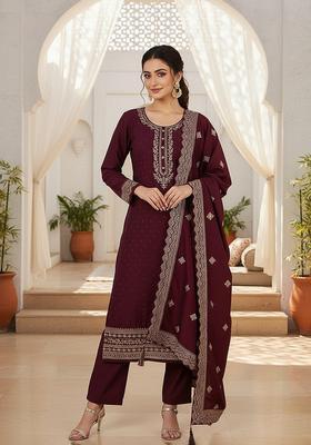 Wine Embroidery Silk Kurta Set