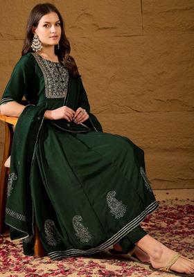 Green Embroidery Cotton Kurta Set