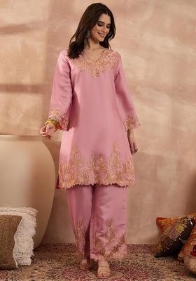 Pink Embroidery Silk Kurta Set