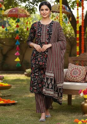 Black Floral Print Rayon Kurta Set