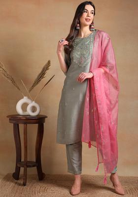 Grey Embroidery Blended Kurta Set